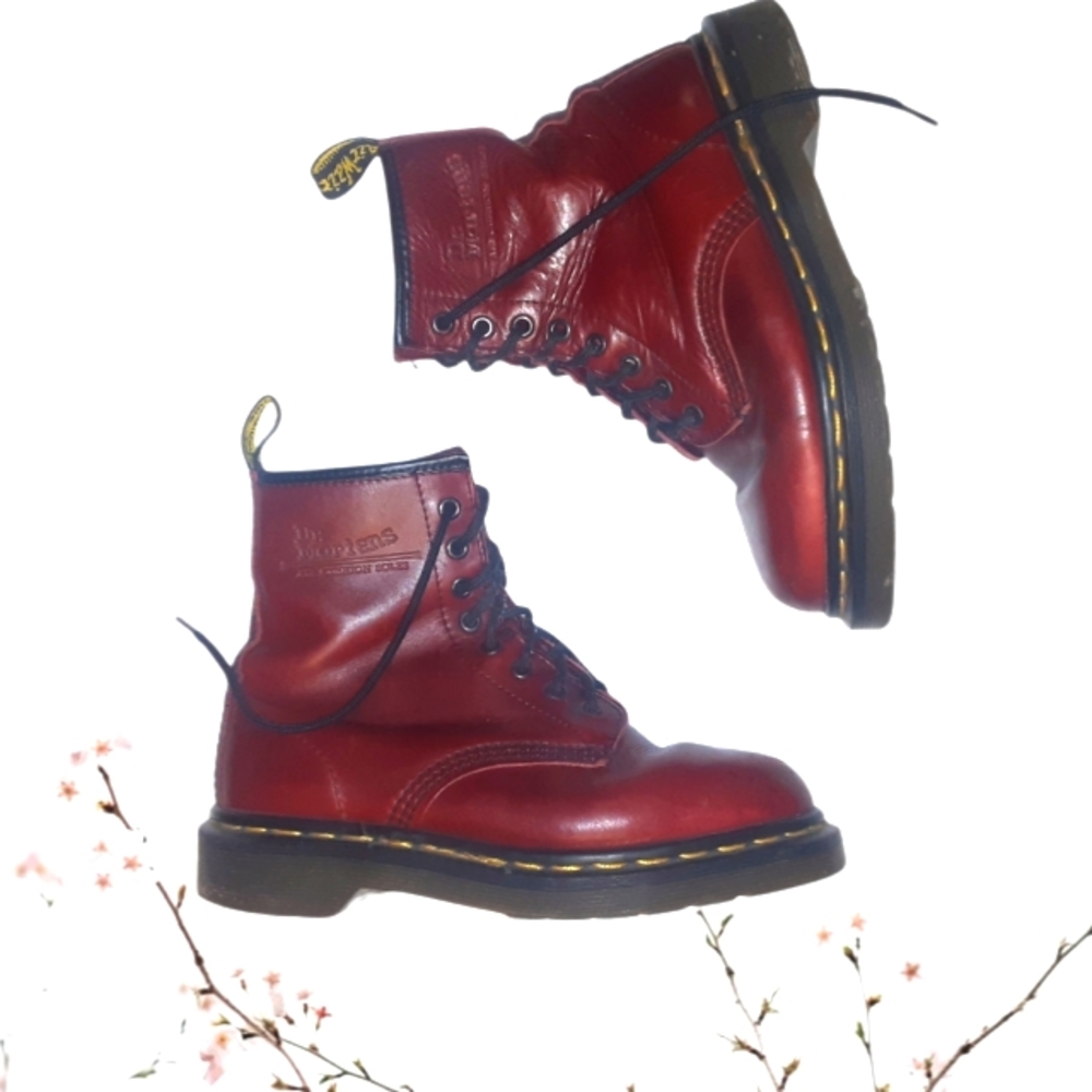 90s Vintage Size 7 Doc Martens Cherry Red Lace up Combat Chunky Boots